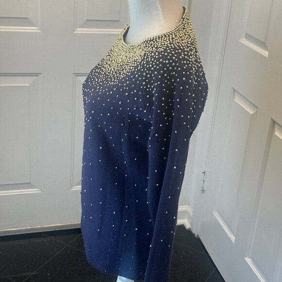 Vintage 80's Bonnie Boerer Embellished Navy Sweater with Gold Beads S - Picture 13 of 14